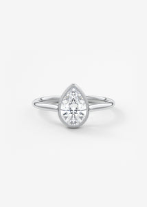 Vintage inspired pear bezel set Frank Darling diamond engagement ring with millgrain detailing and a low profile trellis basket in platinum