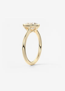 Vintage inspired pear bezel set Frank Darling diamond engagement ring with millgrain detailing and a low profile trellis basket in yellow gold
