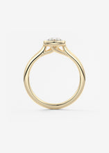 Vintage inspired pear bezel set Frank Darling diamond engagement ring with millgrain detailing and a low profile trellis basket in yellow gold