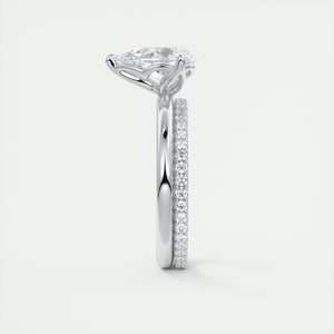 Pear cut solitaire Frank Darling lab grown diamond engagement ring with floral prongs, low profile basket and 1.8mm round band in white gold
