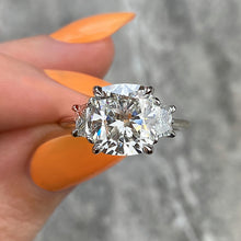 Cushion three stone Frank Darling diamond engagement ring with brilliant trapezoid side stones in white gold